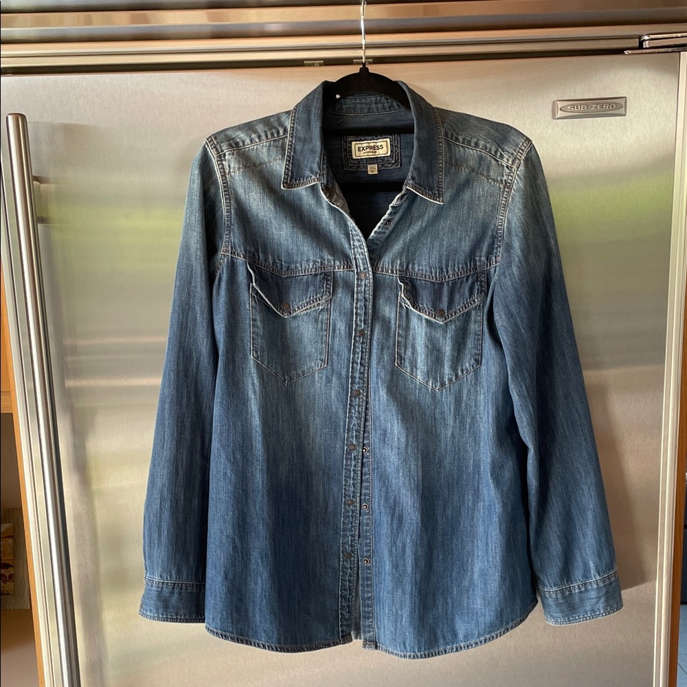 Express Boyfriend Blue Denim Long Sleeve Shirt with Snap Buttons